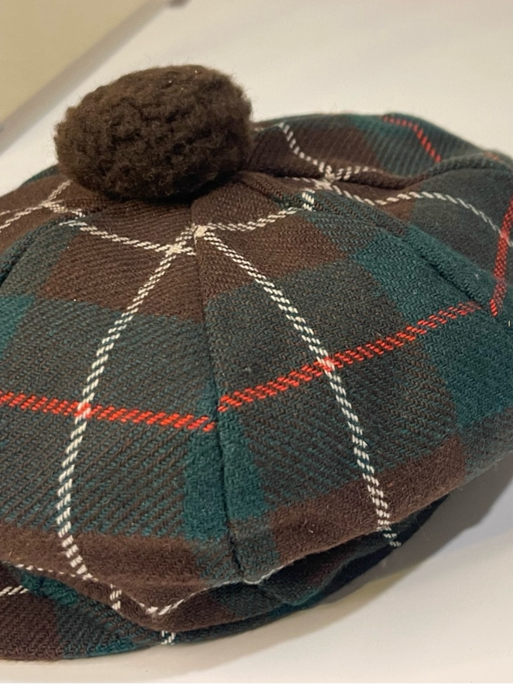 Source Unknown Green Brown Plaid Wool Pom Tam Cap